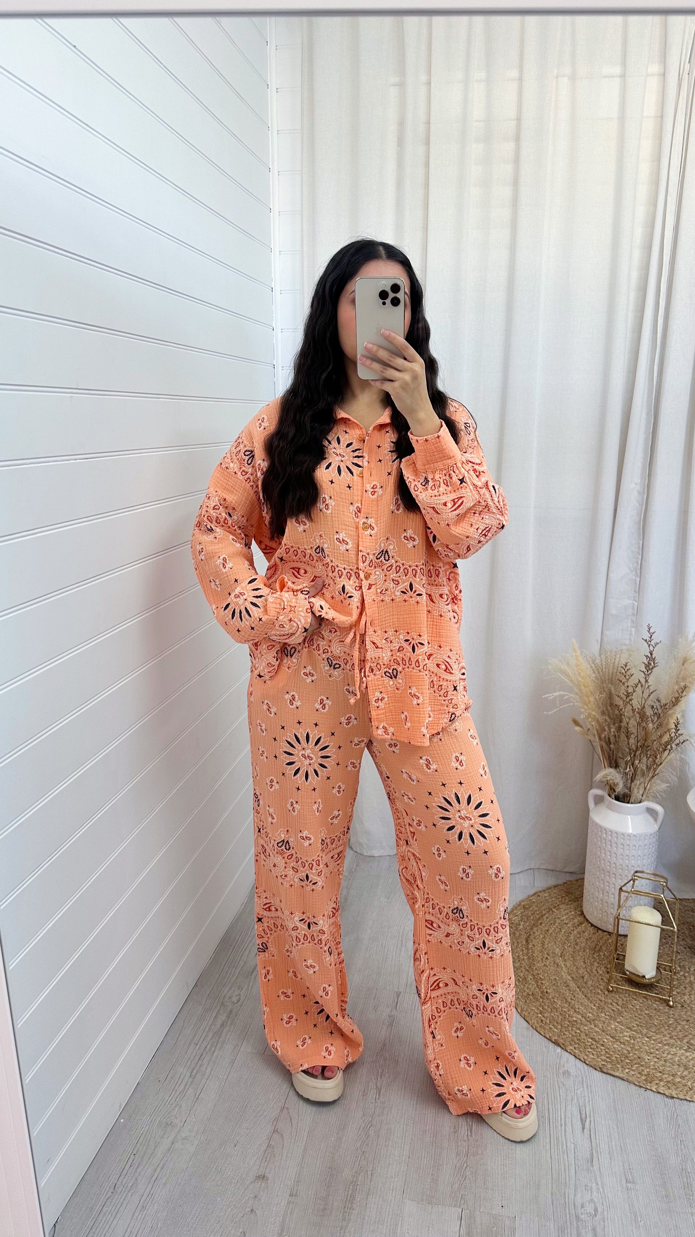 Paisley Cheesecloth Shirt and Trousers Co-Ord - ORANGE