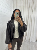 Faux Leather Bomber Jacket - BROWN