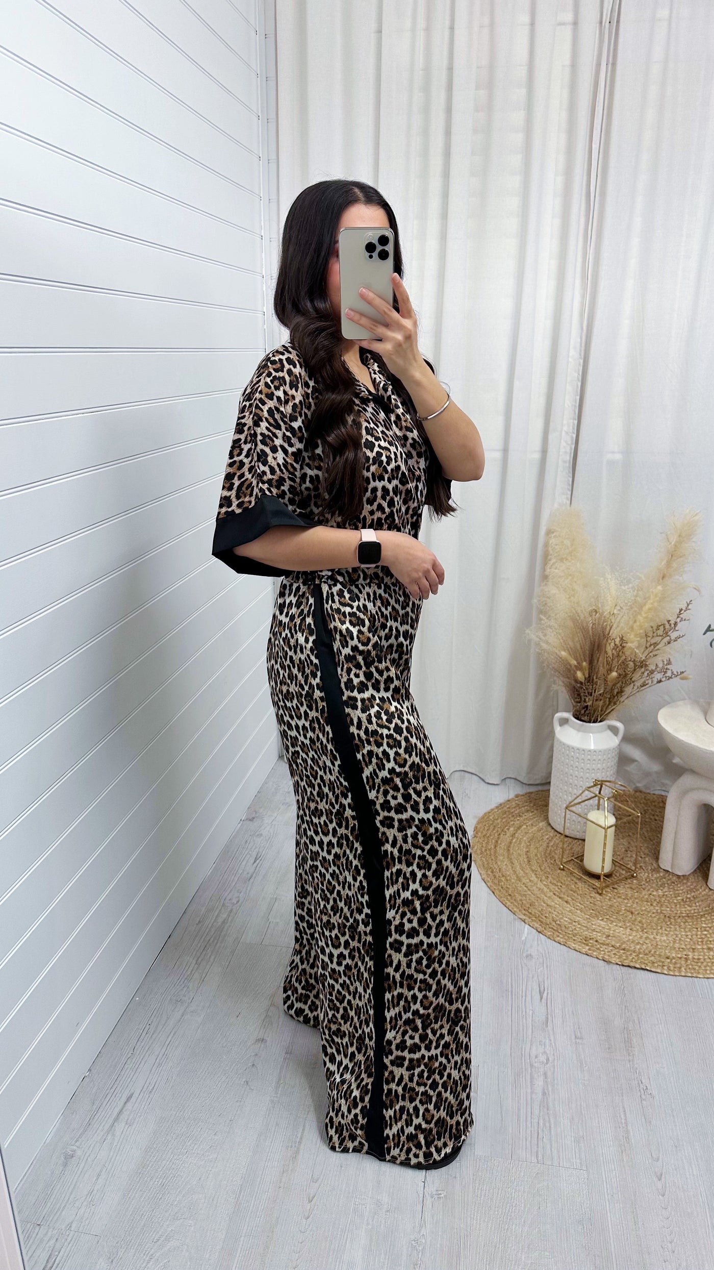 Satin Side Stripe Leopard Print Shirt and Trousers Co-Ord - BLACK