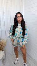 Floral Print Bomber Jacket and Shorts Co-Ord - BLUE