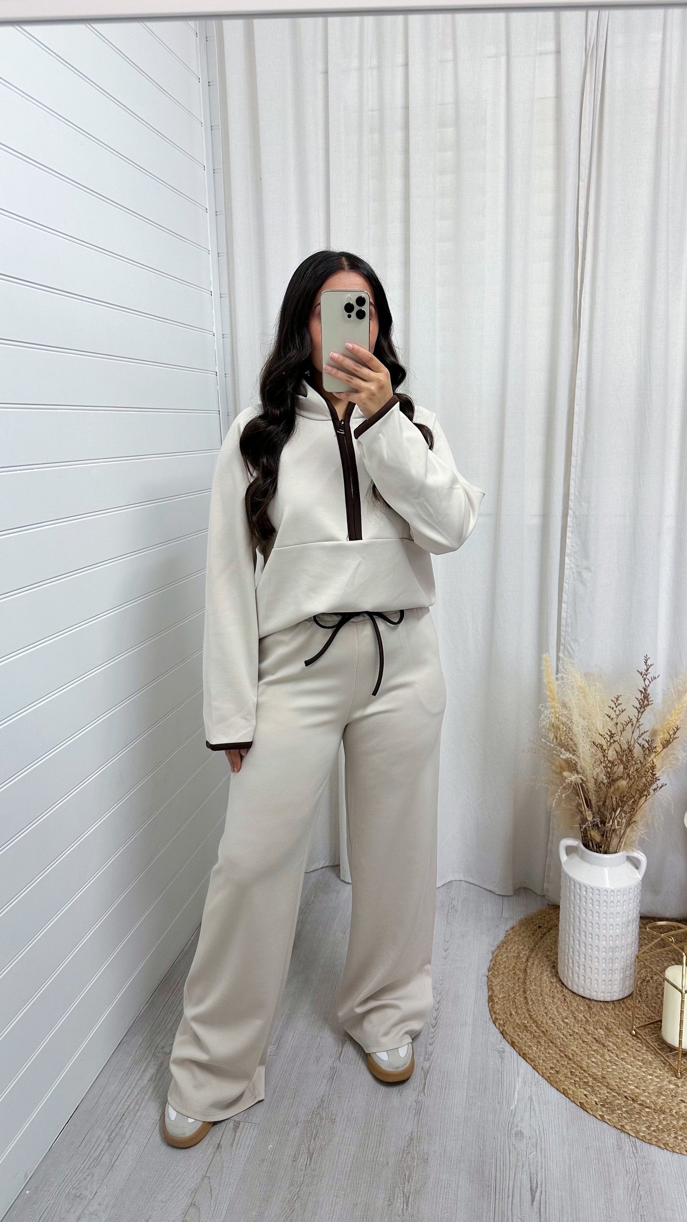 Contrast Half Zip Hoodie and Wide Leg Joggers Co-Ord - CREAM