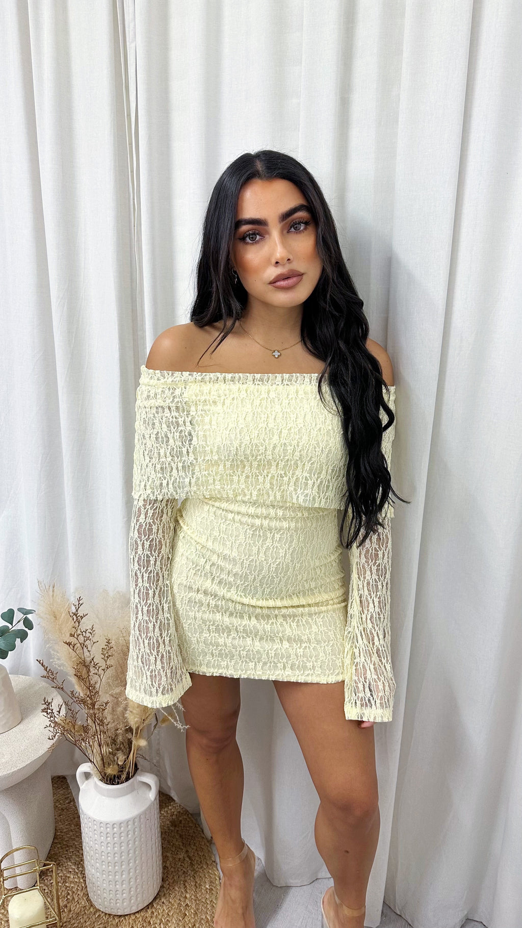 Lace Bardot Mini Dress - YELLOW