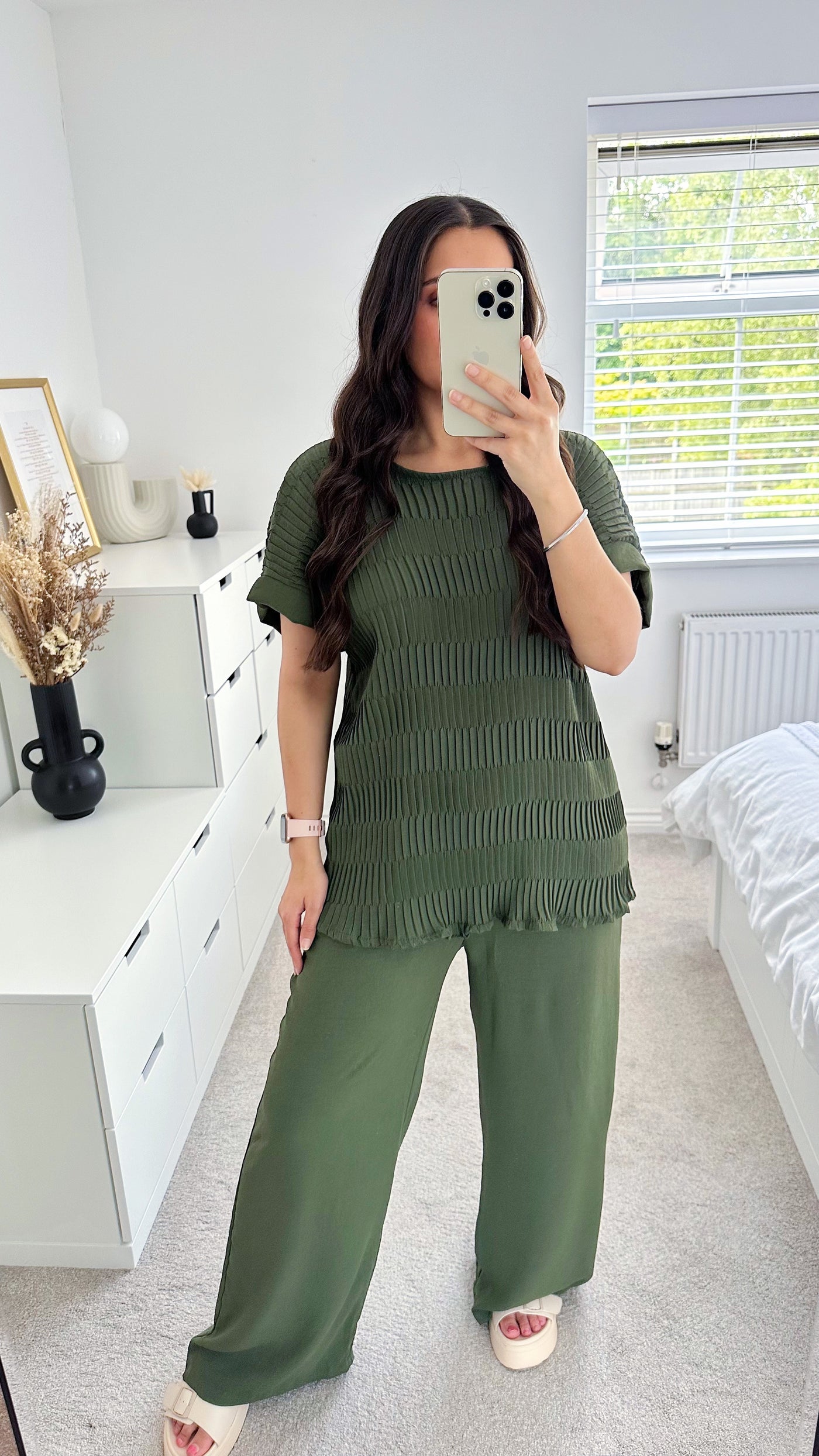 Crinkle Pleated Top and Wide Leg Trousers Co-Ord - KHAKI