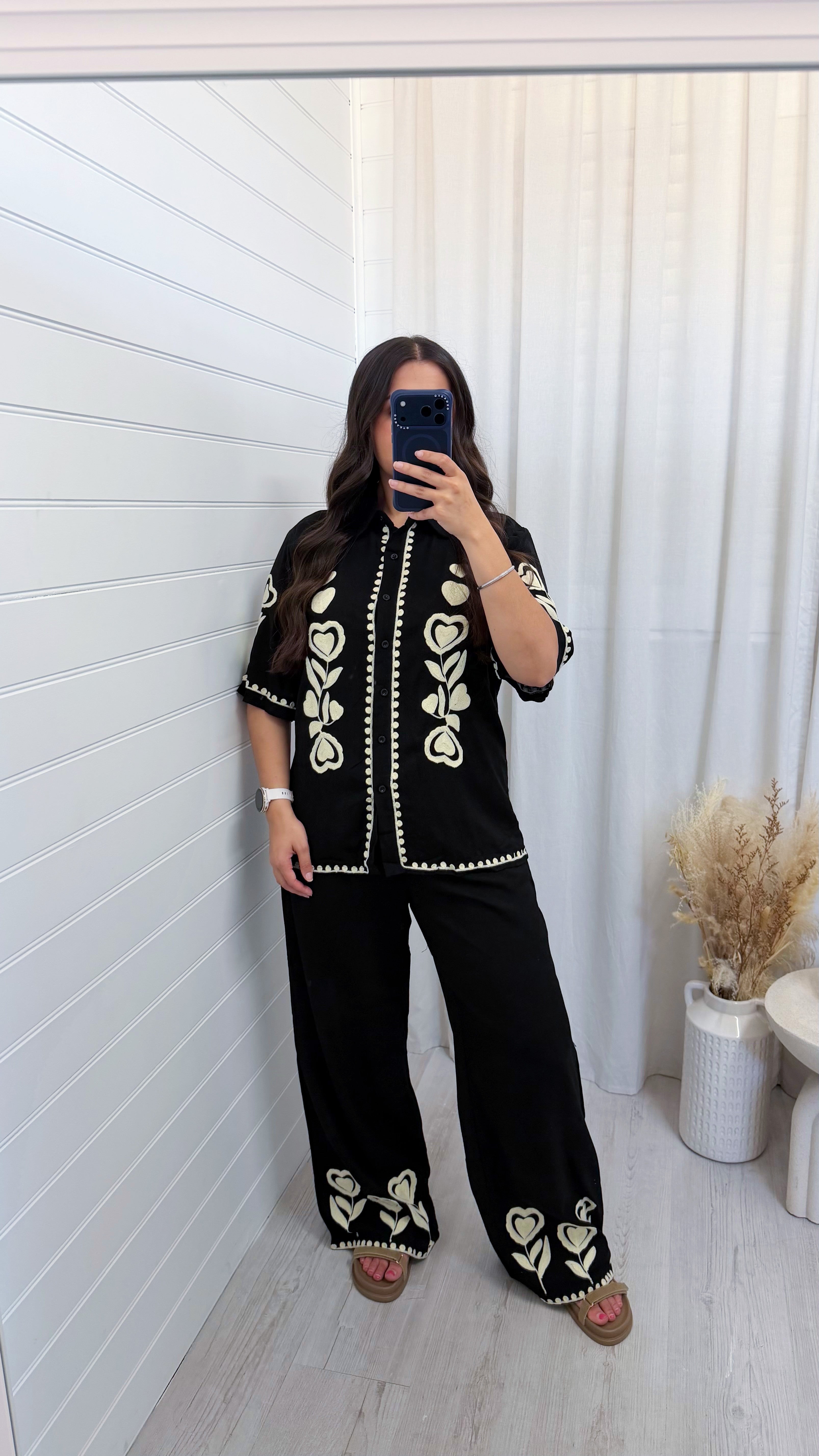 Embroidered Linen Shirt and Trousers Co-Ord - BLACK