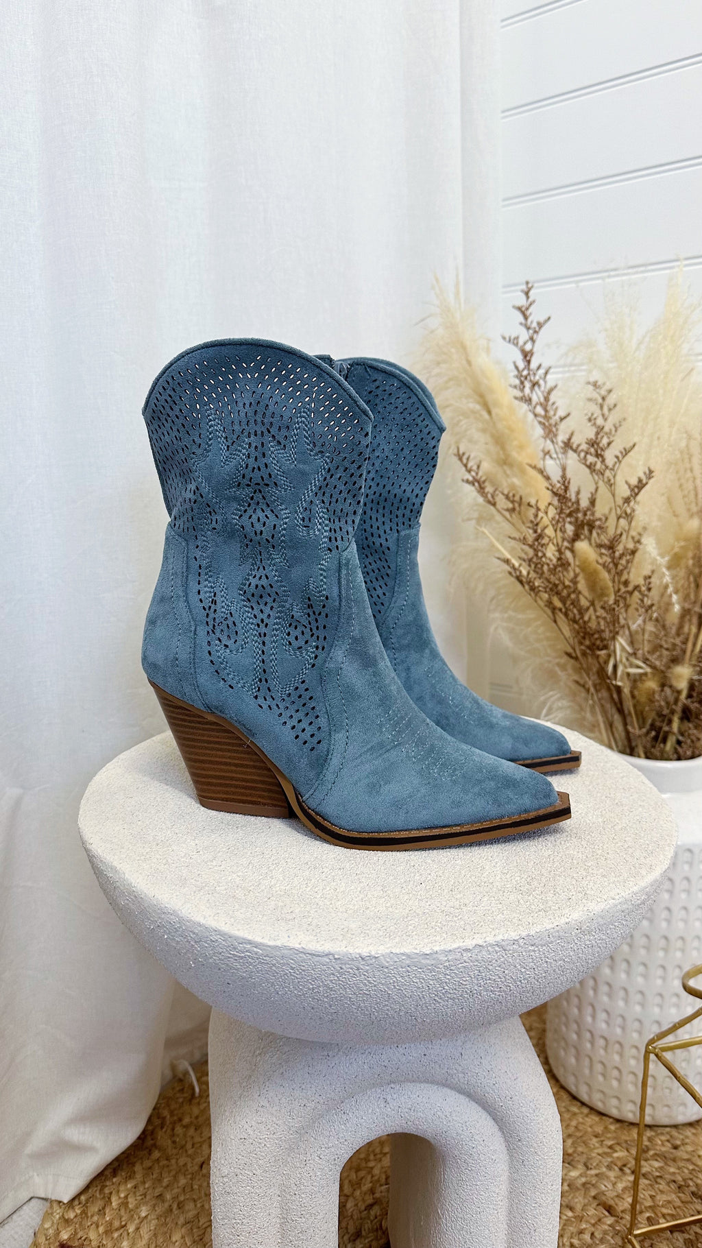 Laser Cut Embroidered Cowboy Boots - DENIM BLUE