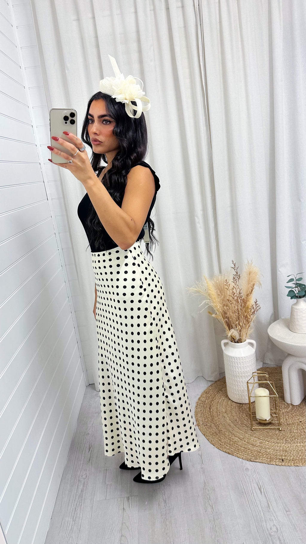 Polka Dot Satin Midi Skirt - CREAM