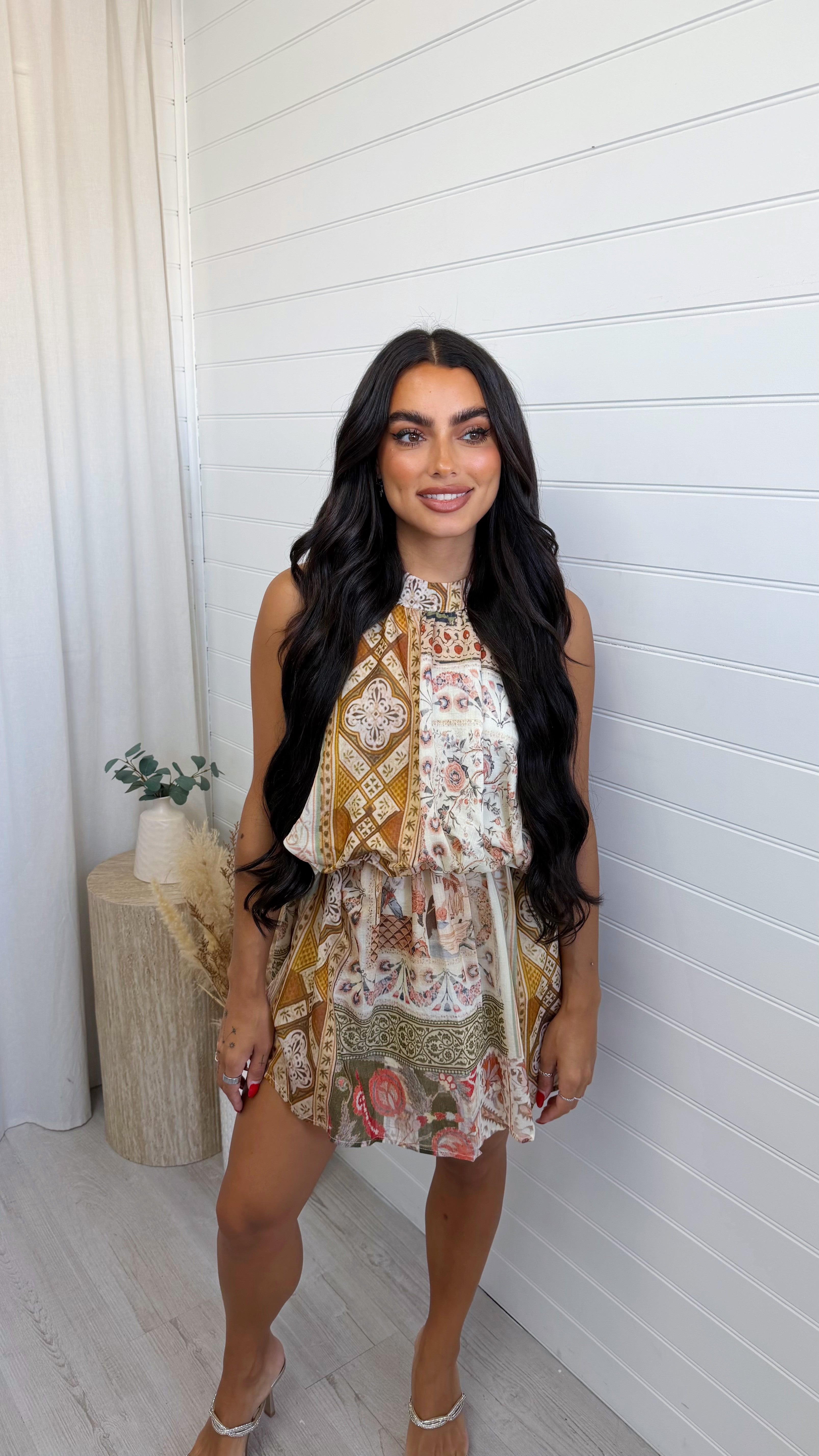 Tile Print High Neck Dress - MUSTARD