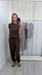 Fine Rib T-Shirt and Balloon Trousers Co-Ord - BROWN
