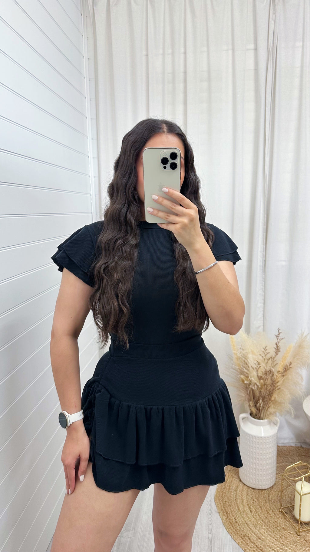 Frill Sleeve Top and Frill Ruched Skirt Co-Ord - BLACK
