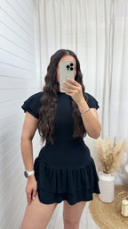 Frill Sleeve Top and Frill Ruched Skirt Co-Ord - BLACK