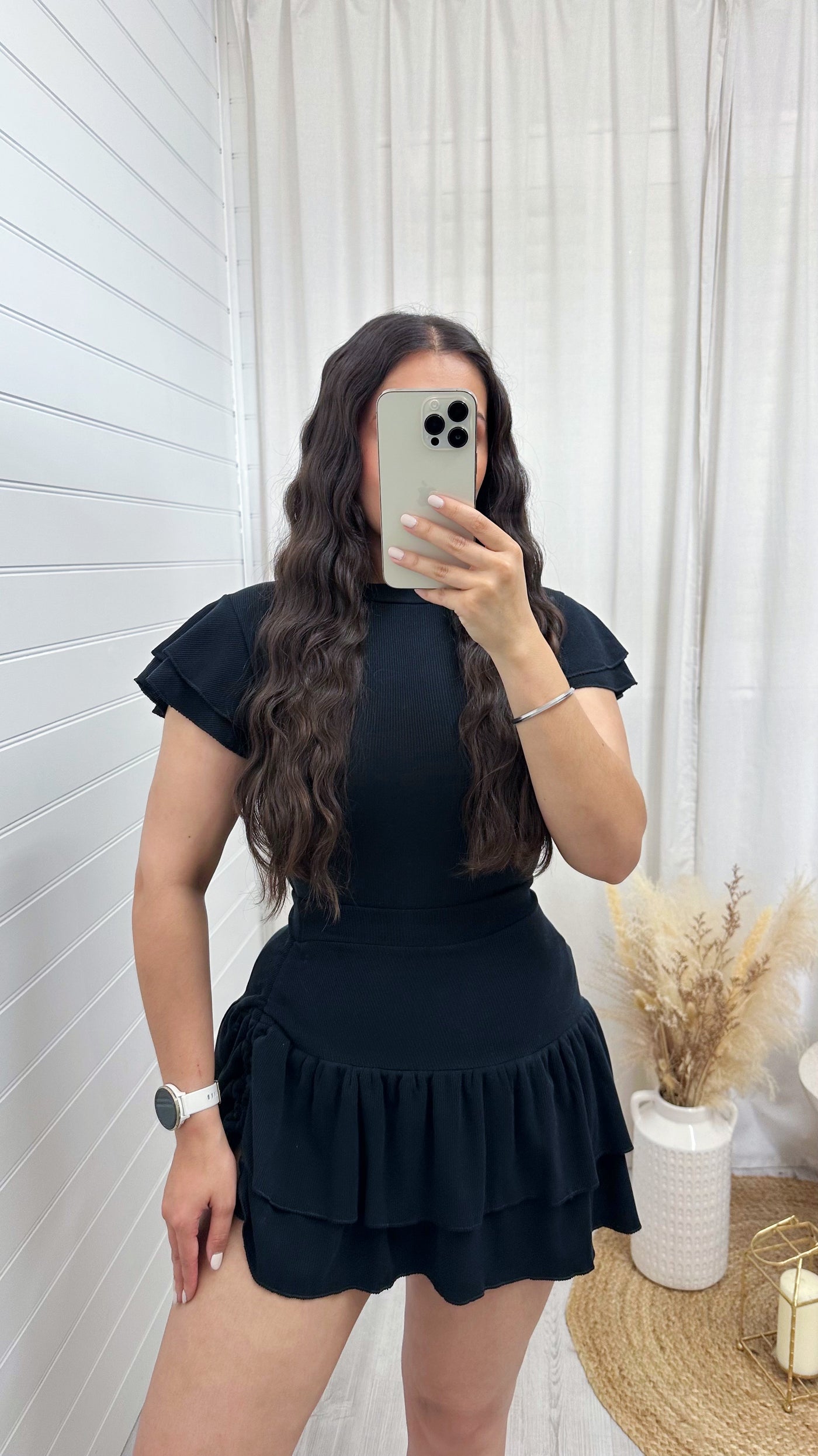 Frill Sleeve Top and Frill Ruched Skirt Co-Ord - BLACK