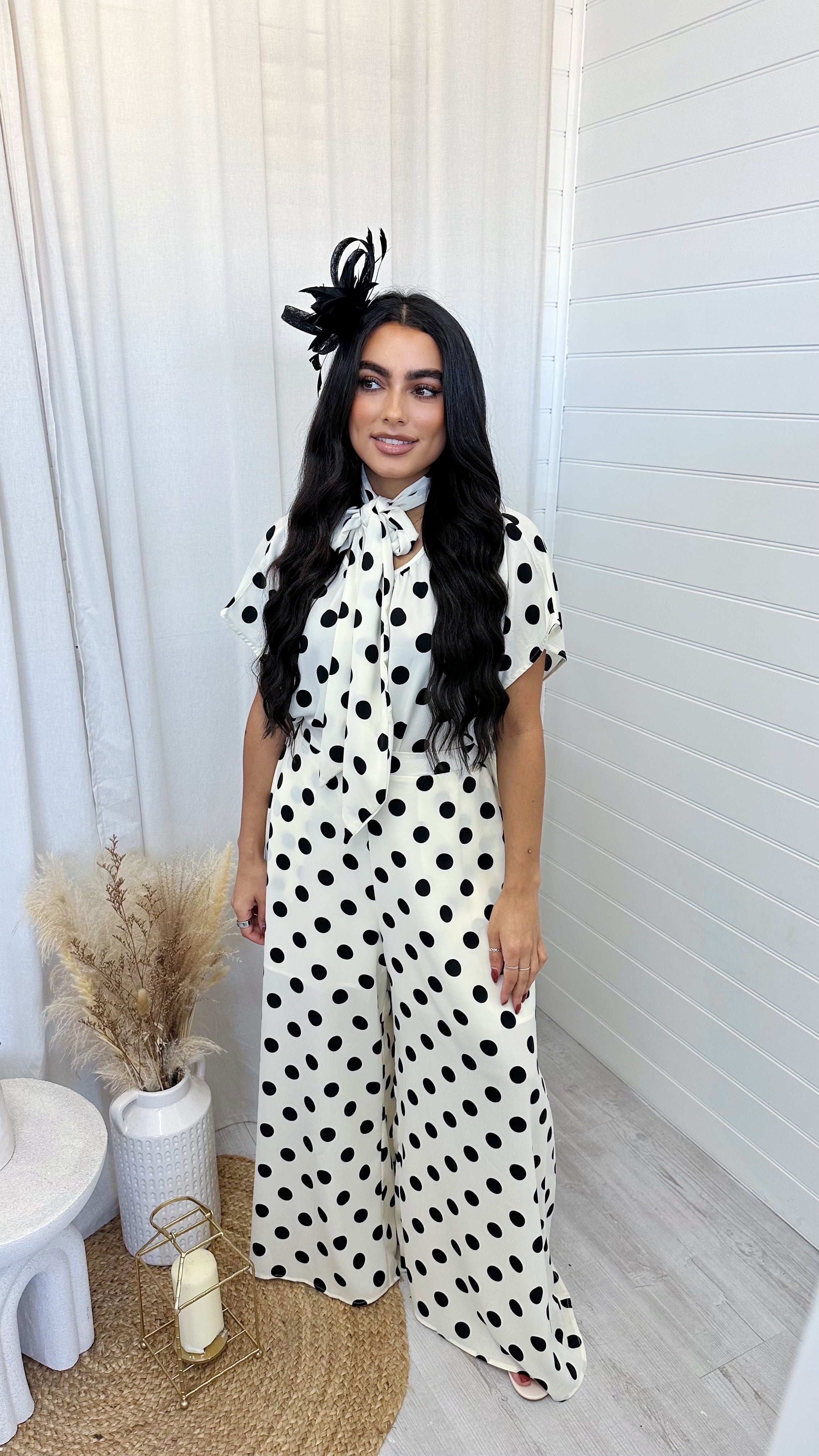 Polka Dot Bow Top and Wide Leg Trousers Co-Ord - CREAM/BLACK