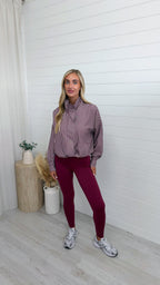 Gingham Toggle Bottom Bomber Jacket - BURGUNDY