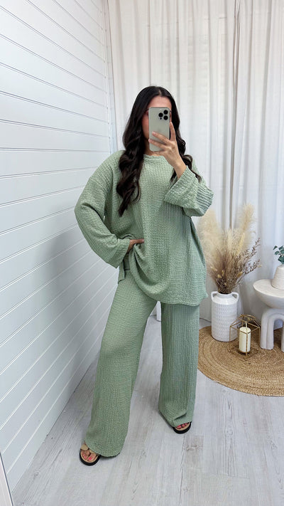 Loose Fit Cheesecloth Long Sleeve Top and Trousers Co-Ord - MINT