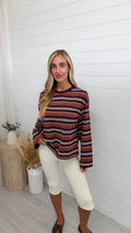 Relaxed Long Sleeve Stripe T-Shirt - BURNT ORANGE/BURGUNDY
