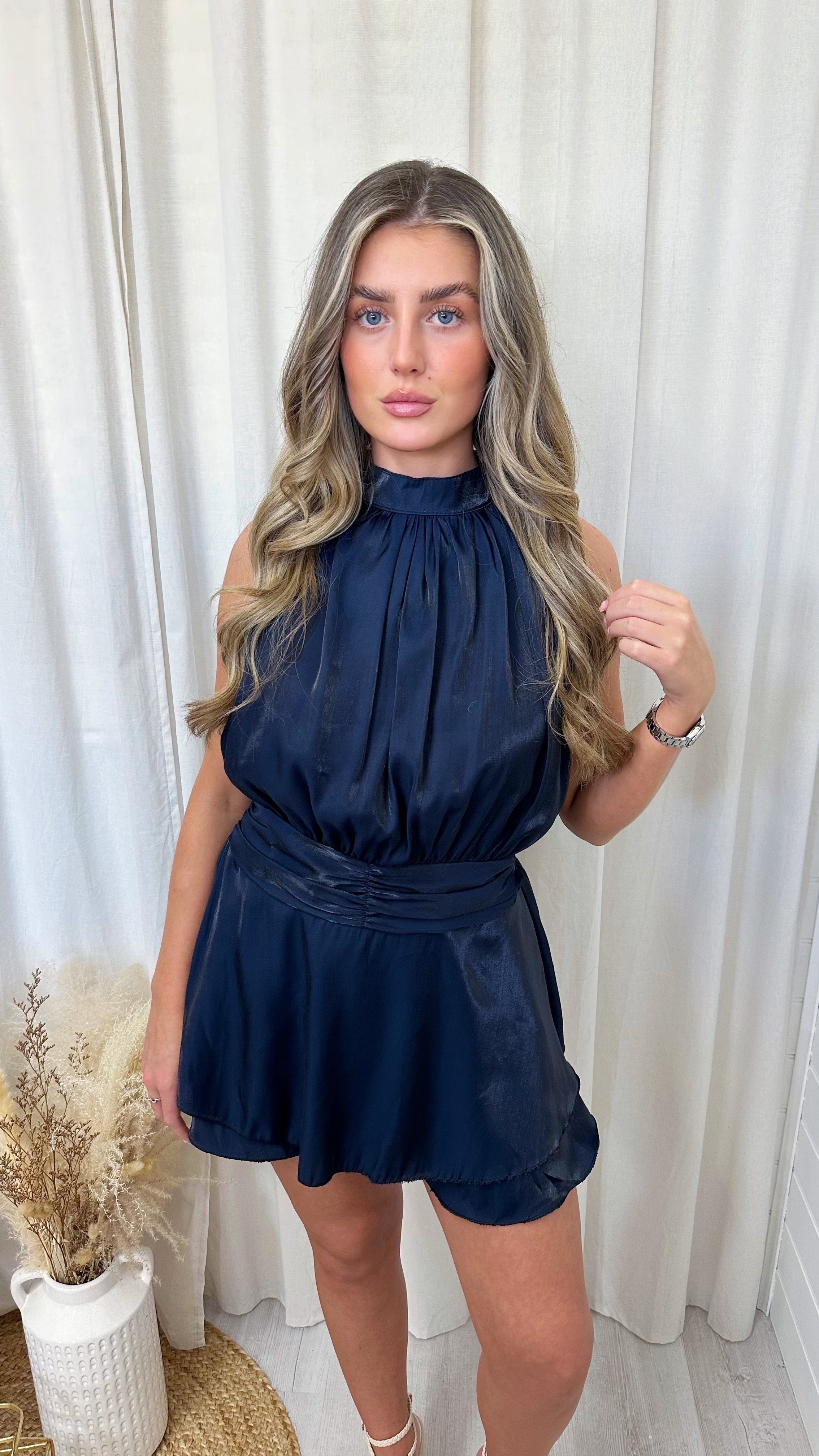 Chiffon High Neck Ruffle Hem Playsuit - NAVY