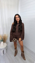 Crochet Knit Bardot Top and Shorts Co-Ord - BROWN