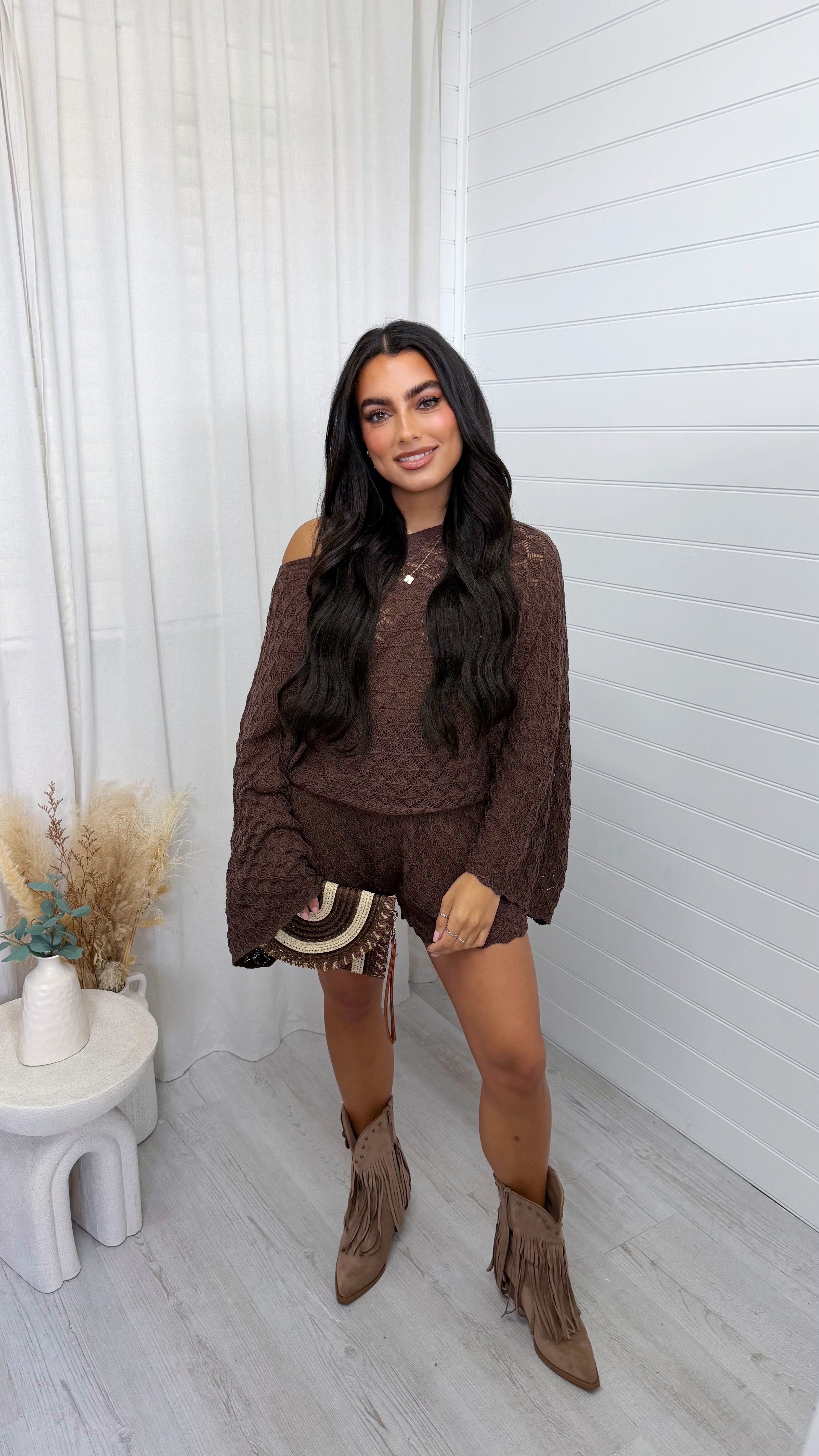 Crochet Knit Bardot Top and Shorts Co-Ord - BROWN