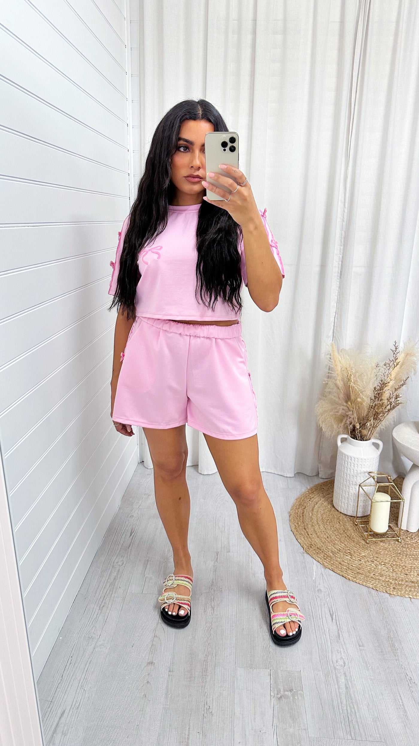 Velvet Bow Crop Top and Shorts Co-Ord - BABY PINK