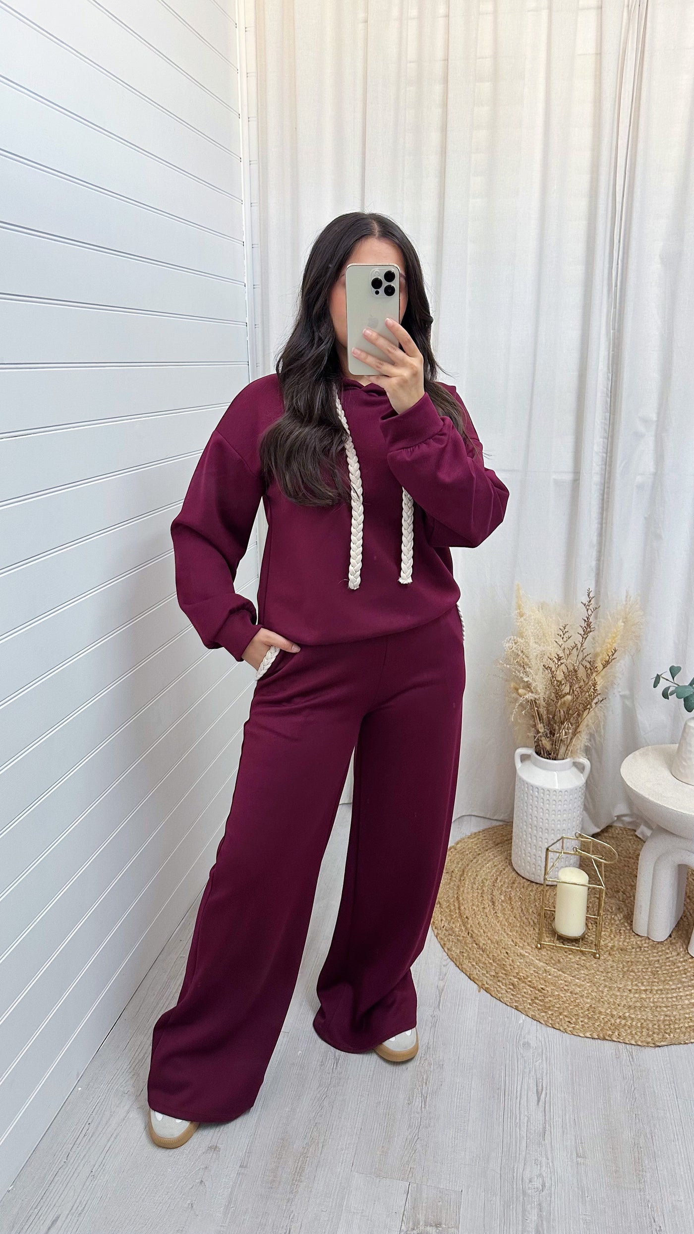 Rope Lace Hoodie and Wide Leg Joggers Co-Ord - WINE