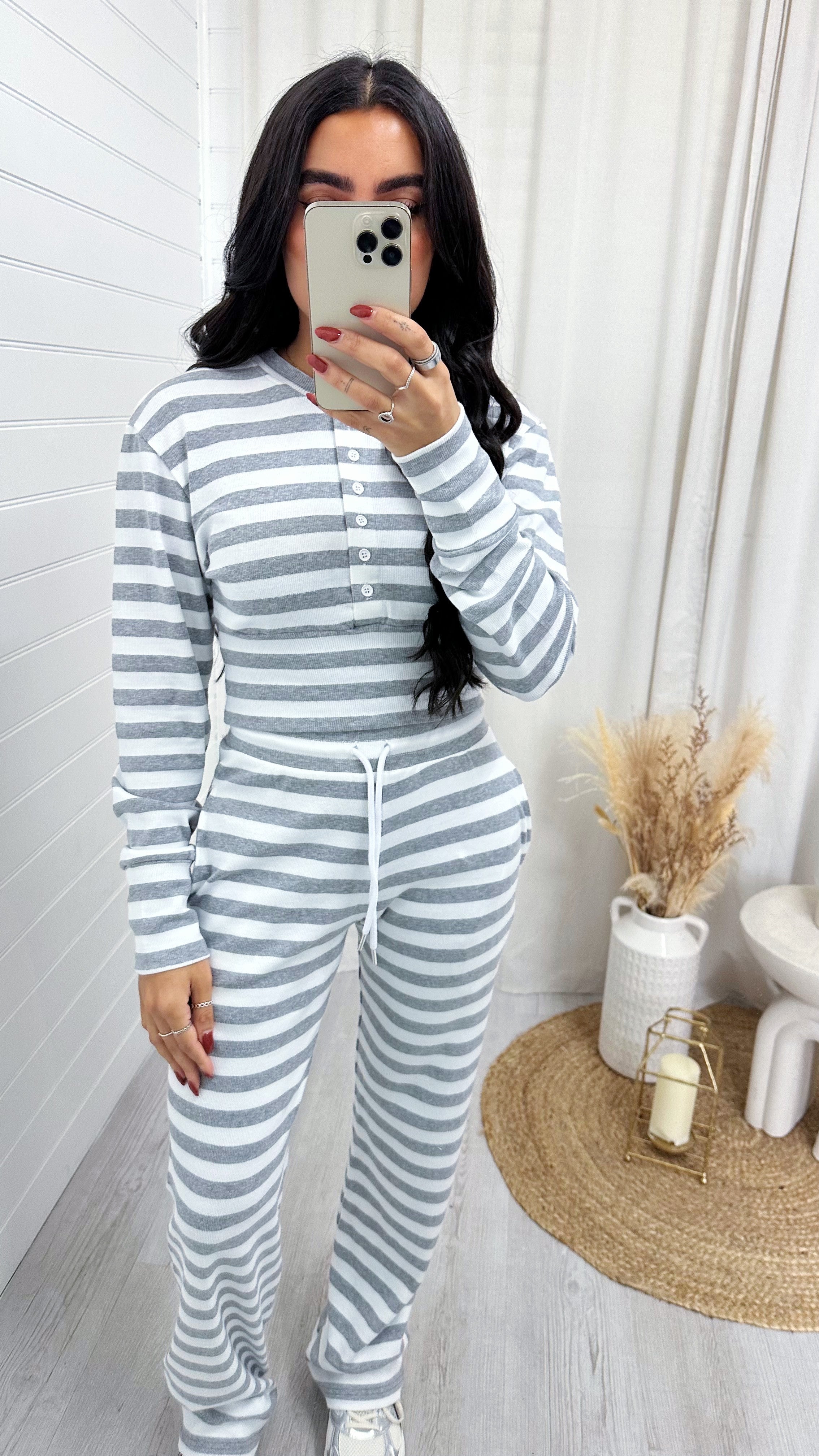 Striped Cinch Crop Top and Trousers Rib Co-Ord - WHITE/GREY