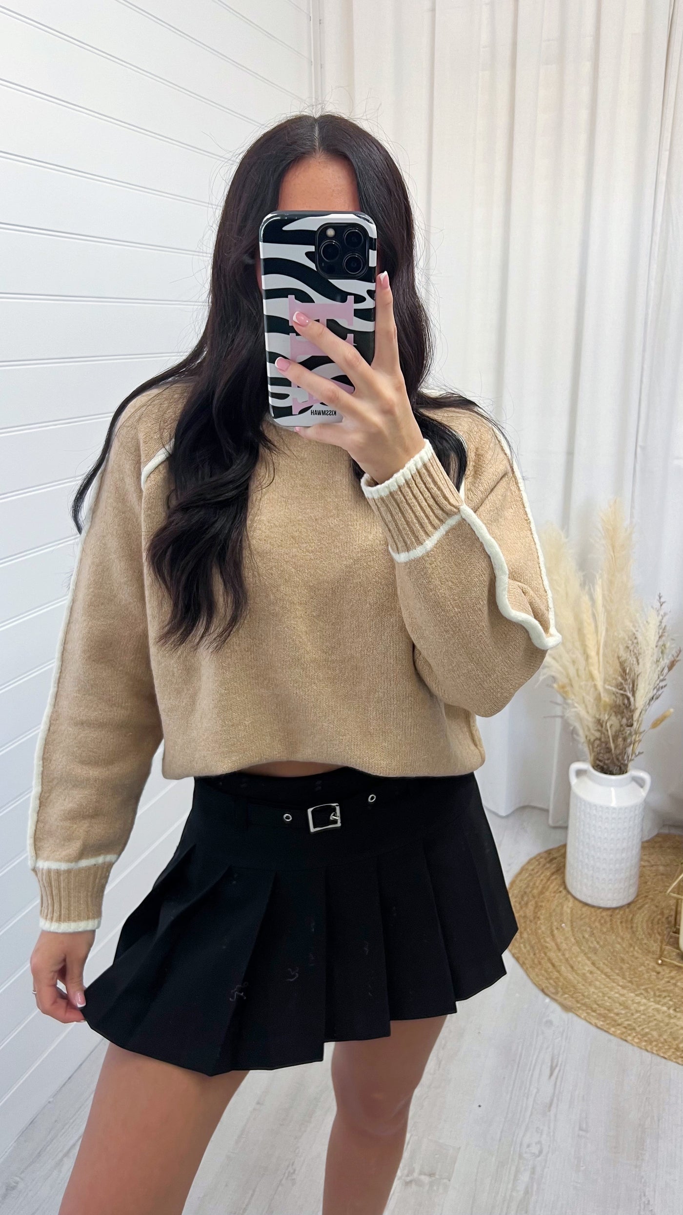 High Neck Contrast Knit Jumper - BEIGE