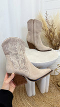 Laser Cut Embroidered Cowboy Boots - BEIGE