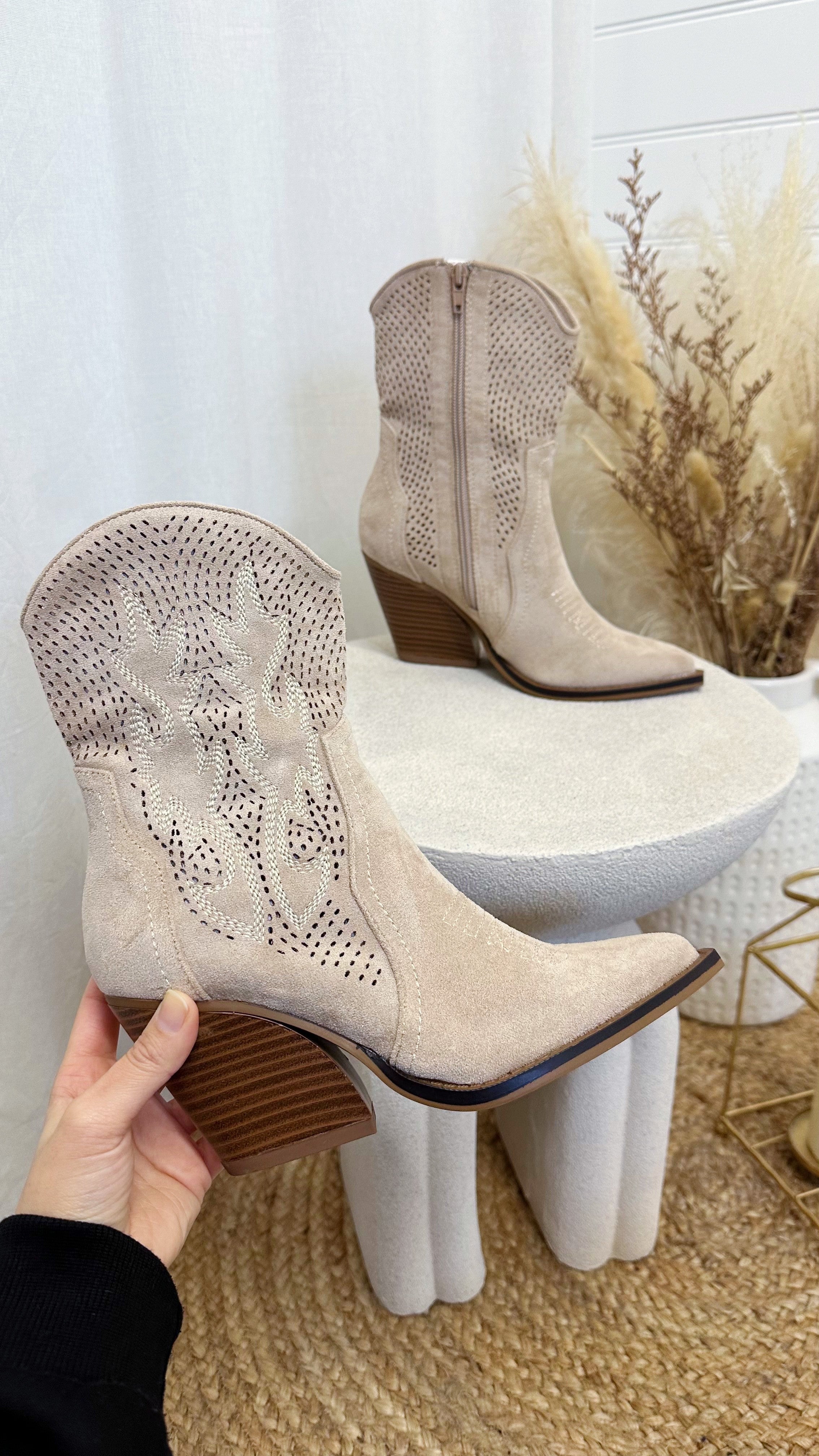 Laser Cut Embroidered Cowboy Boots - BEIGE