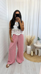 Pinstripe Linen Wide Leg Trousers - RED