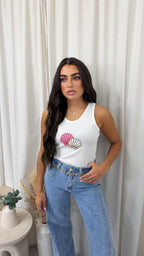 Seashell Beaded Rib Vest Top - PINK/WHITE