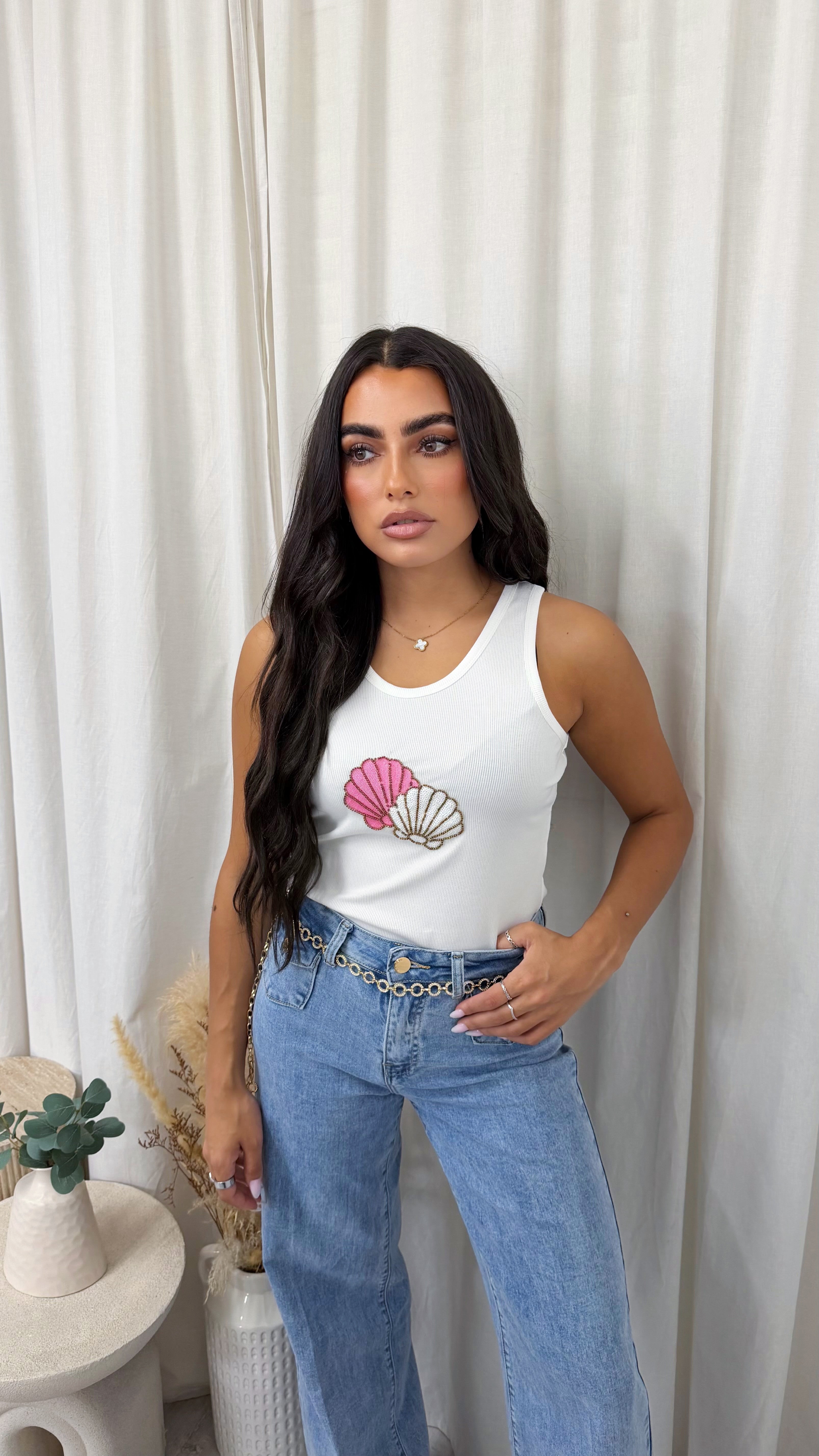 Seashell Beaded Rib Vest Top - PINK/WHITE