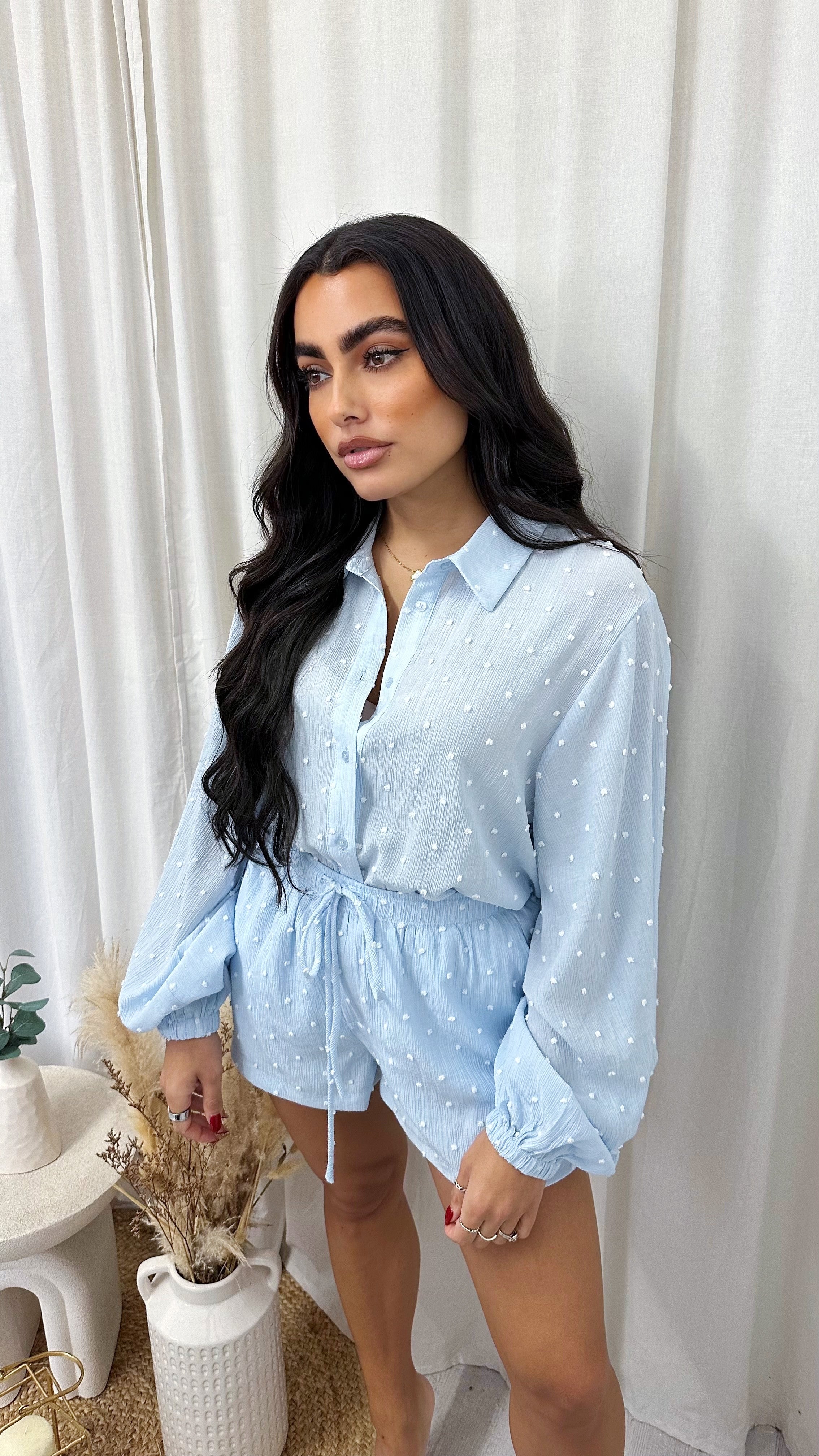 Tufted Polka Dot Shirt and Shorts Co-Ord - BABY BLUE