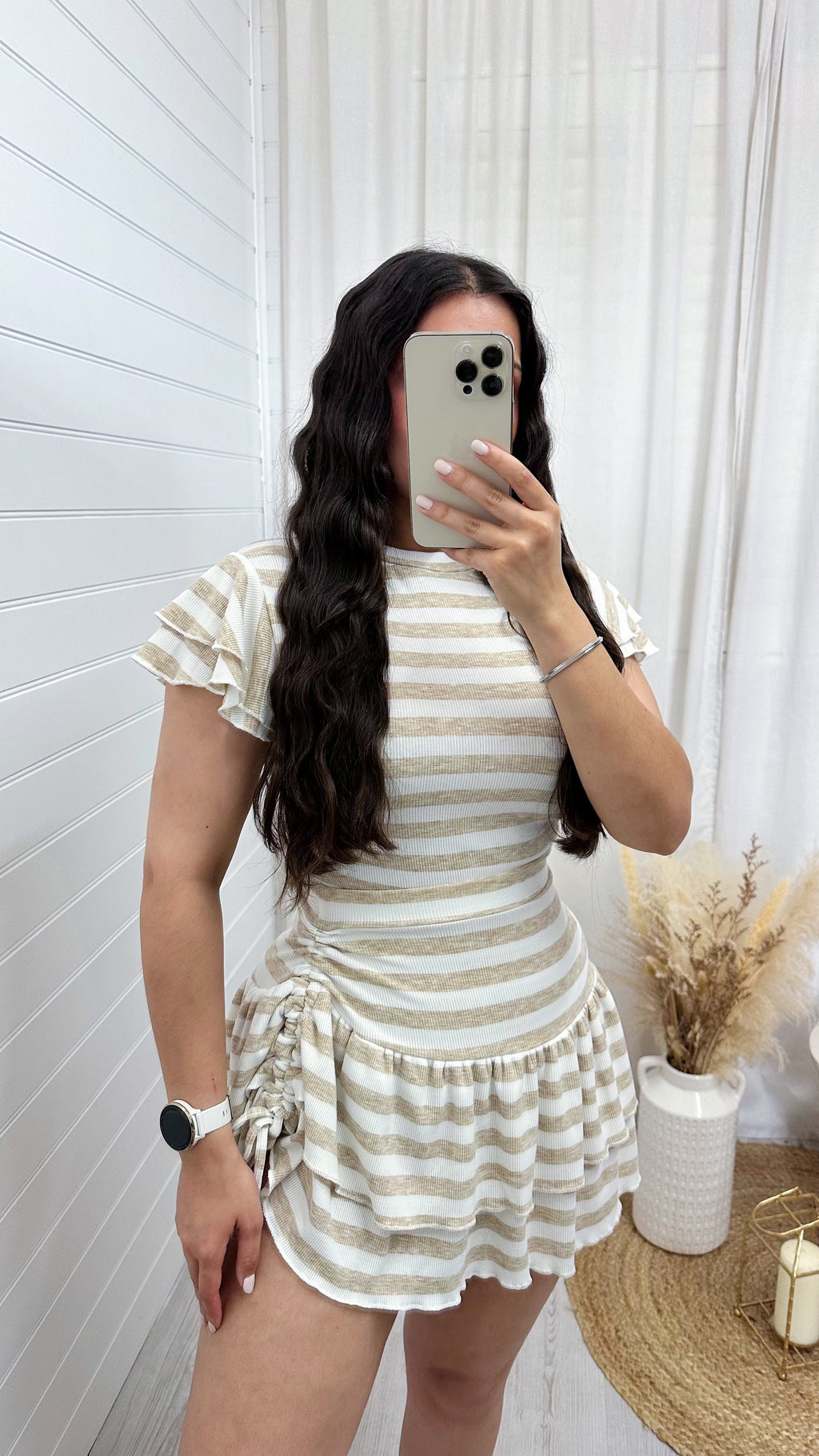 Frill Sleeve Top and Frill Ruched Skirt Co-Ord - BEIGE/WHITE