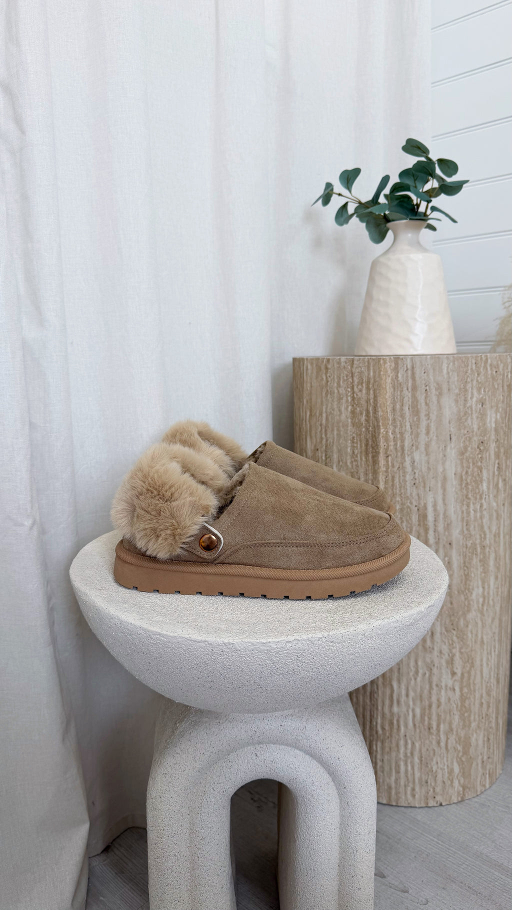 Faux Fur Strap Mule - BEIGE