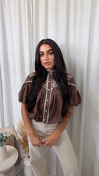 Paisley Embroidered Puff Sleeve Crop Blouse - BROWN