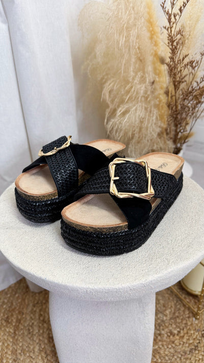 Chunky Platform Gold Buckle Woven Sandals - BLACK