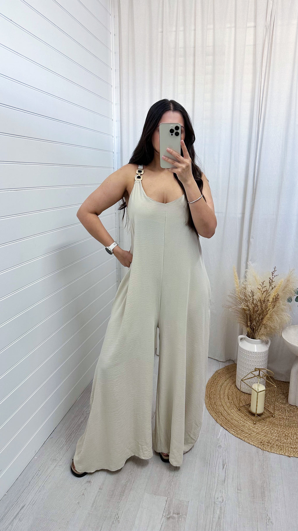 Gold Chain Link Wide Leg Jumpsuit - BEIGE