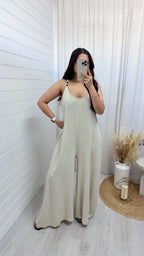 Gold Chain Link Wide Leg Jumpsuit - BEIGE