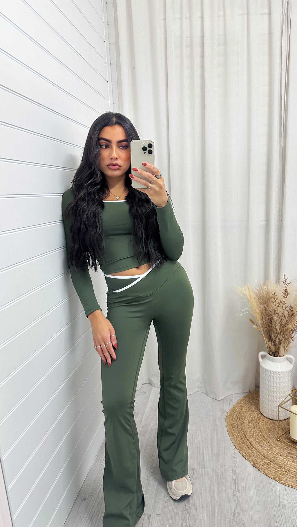 Long Sleeve Top and Wrap Over Flares Gym Set - KHAKI