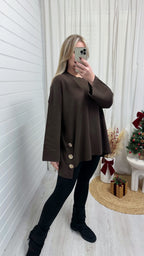 Fine Knitted Gold Button Oversized Jumper - BROWN