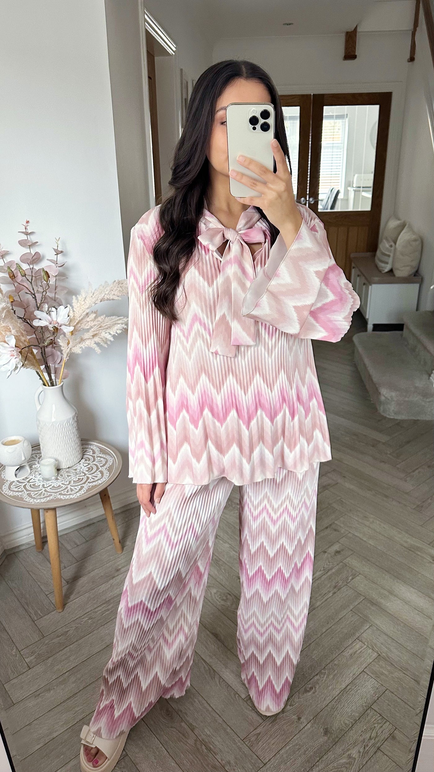 Zig Zag Pleated Top and Trouser Set - PINK