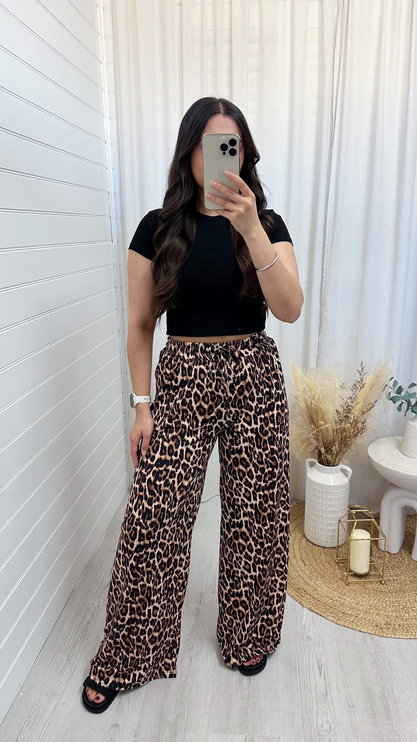 Stretchy Wide Leg Leopard Print Trousers