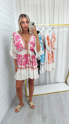 Sequin Floral Boho Dress - PINK