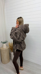 Hooded Faux Fur Coat with Belt - TAUPE