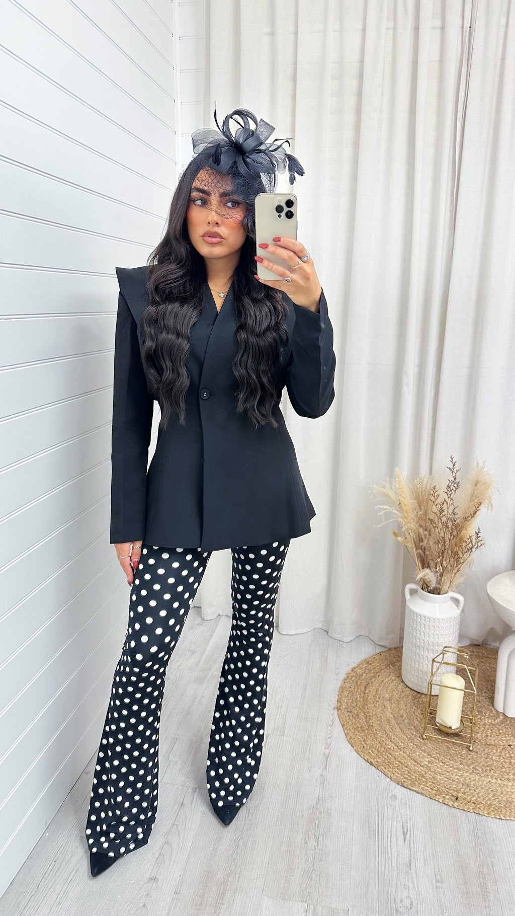 High Waisted Polka Dot Stretchy Flares - BLACK