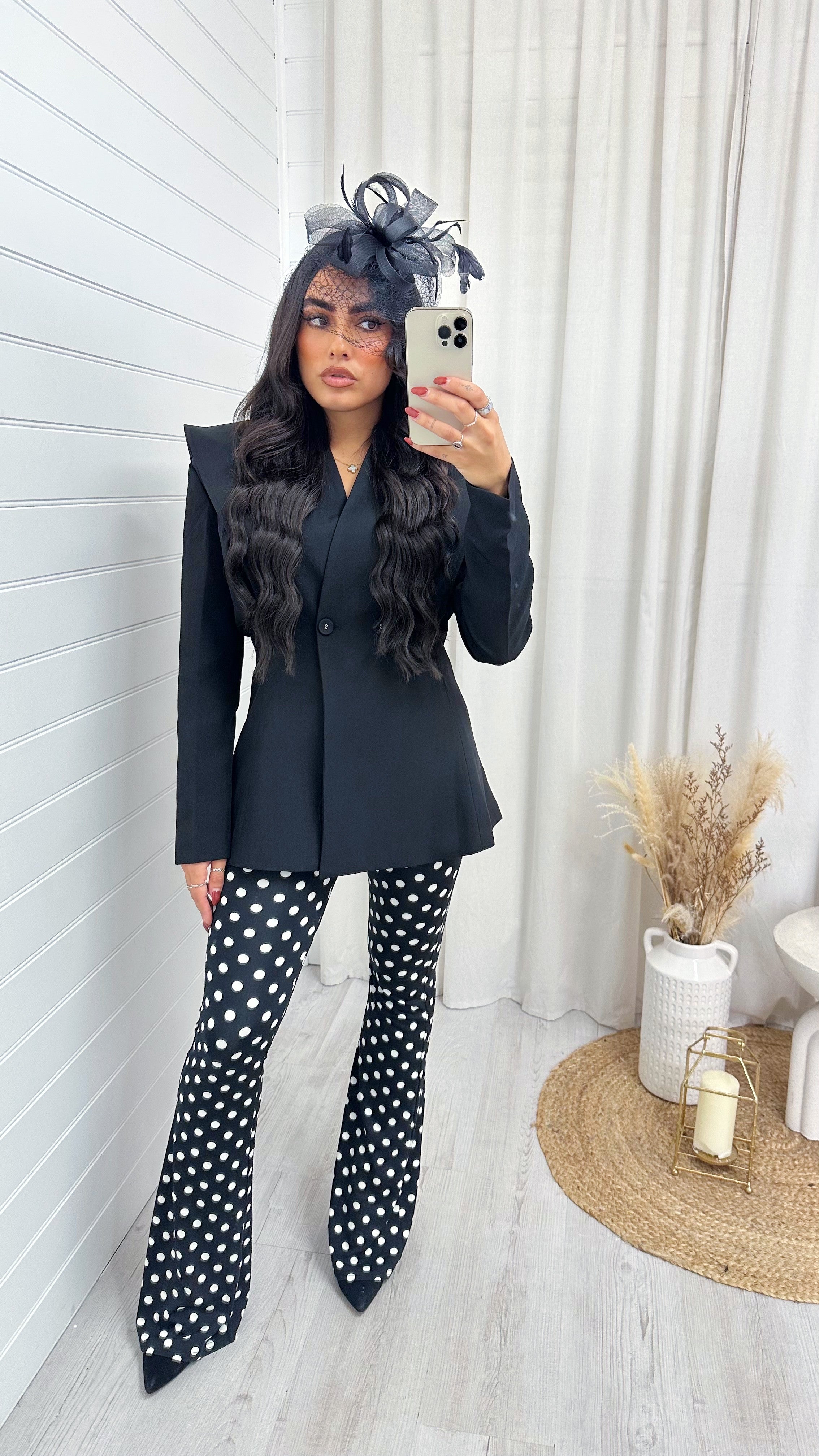 High Waisted Polka Dot Stretchy Flares - BLACK