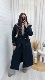 Long Length Insert Hooded Rain Mac - BLACK