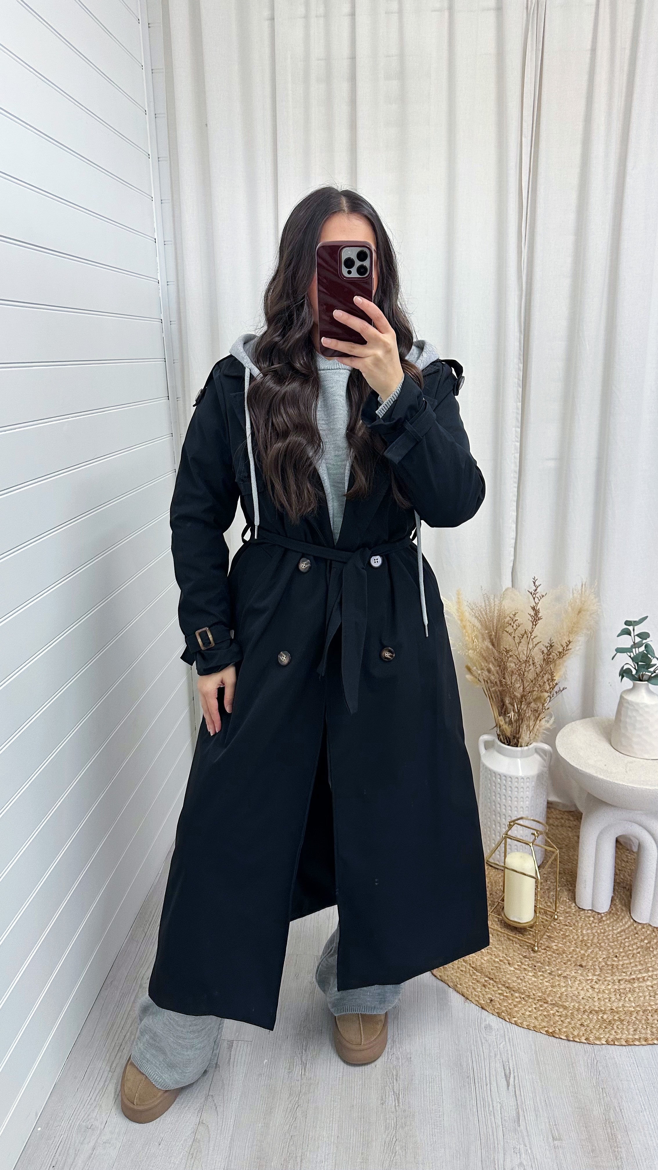 Long Length Insert Hooded Rain Mac - BLACK