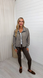 Gingham Toggle Bottom Bomber Jacket - BROWN