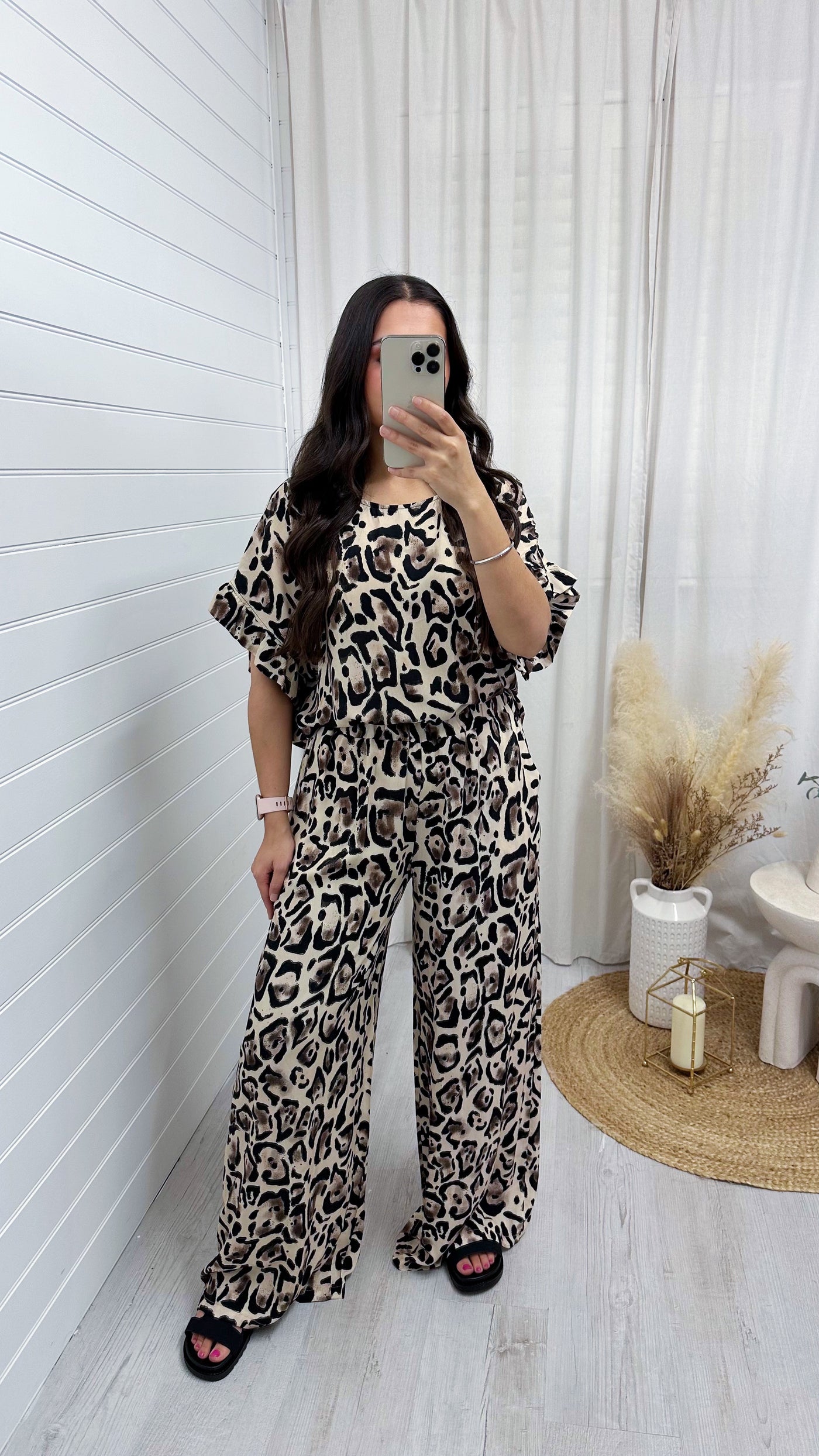 Leopard Print Top and Wide Leg Trousers - LIGHT BEIGE